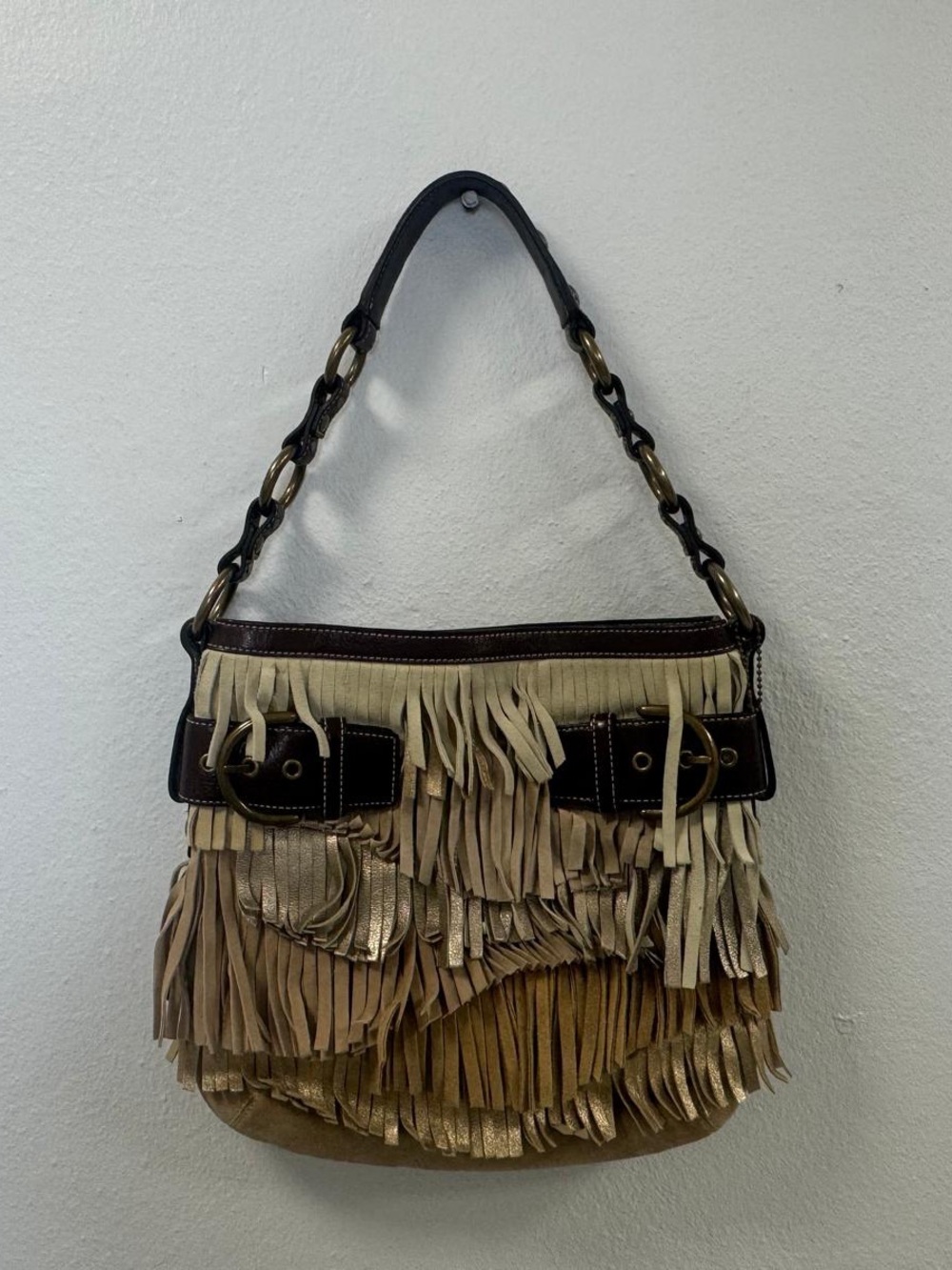 Coach Fringe Accent Shoulder Bag - Beige Gold and Brown